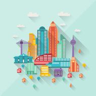Cityscape illustration with buildings in flat design style N2