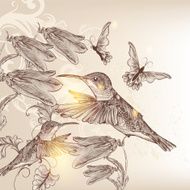 Vintage vector background with human bird butterflies and flowers