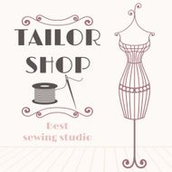 Vintage iron mannequin background with sewing icon N2