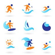 Summer swimming and surfing icons - blue orange