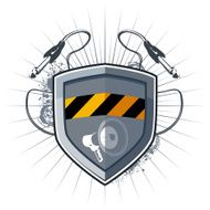 Badge with megaphone emblem and wires
