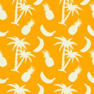 Seamless pattern with silhouettes coconut palm trees pineapples bananas N2