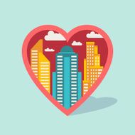 Cityscape background with buildings in shape of heart