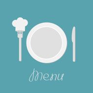 Plate knife and chefs hat on the fork Menu card