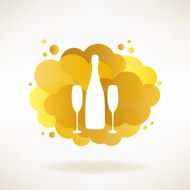 Bottle and two glasses of champagne with transparent clouds