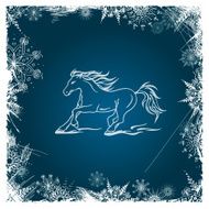 New Year card with horse framed by snowflakes N2