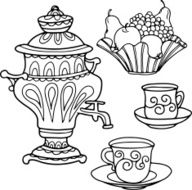 Set icons russian samovar bowl of fruit and tea cups