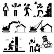 Demolition Worker Demolish Building Pictogram Icon Cliparts