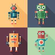Set of intelligent robots flat square icons with long shadows N2