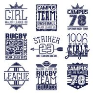 Rugby and baseball team college emblems