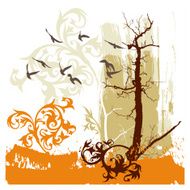 Silhouettes of trees and flying birds on a grunge background N4