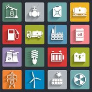Energy electricity power vector flat icon set with shadows