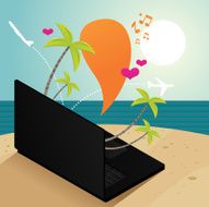 Laptop on the summer beach with palms