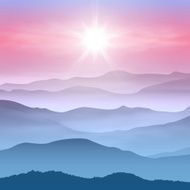 Background with sun and mountains in the fog