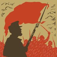 armed man with red flag on a background of revolution N2