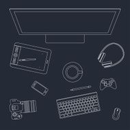 white outline modern items used by humans in everyday life