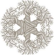 Circular ornament from abstract tree with curling barrel N2