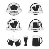 Set of monochrome happy hour labels and beer icons