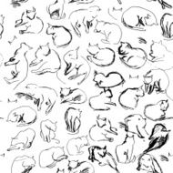 Freehand sketch seamless patern with black cats white background vector N2