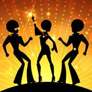 Illustration with dancing people on gold disco lights background