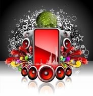Illustration for a musical theme with speakers and abstarct elements