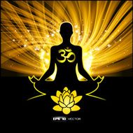 Silhouette of a man figure meditating on shine blue background