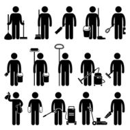 Cleaner Man Cleaning Tools and Equipments Stick Figure Pictogram Icons