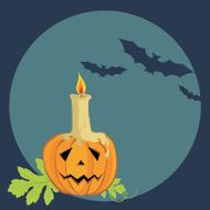 Candle on pumpkin and bat silhouettes