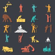 Builders construction workers with tools and equipment machinery silhouettes icons