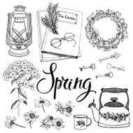 Vintage household objects and flowers spring theme Hand drawing calligraphy N2