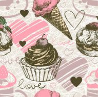 Seamless pattern with hand drawn ice cream and cakes