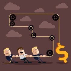 Happy businessman pulling rope with dollar
