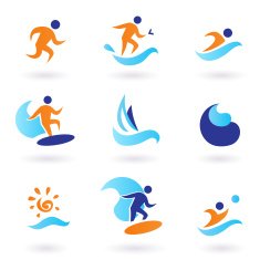 Summer swimming and surfing icons - blue orange