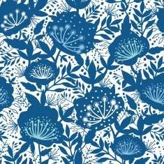 Blue and white garden plants silhouettes seamless pattern background