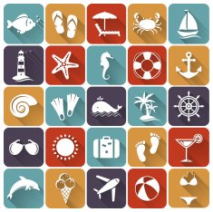 Set of sea and beach flat icons Vector illustration