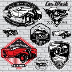 set of emblems with retro car on wall