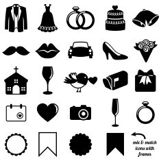 Vector Collection of Wedding Icons and Silhouettes with Frames