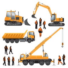 Workers and construction machines