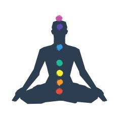 Human silhouette in yoga pose with chakras
