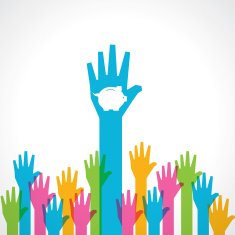 Colorful helping hand with piggy bank
