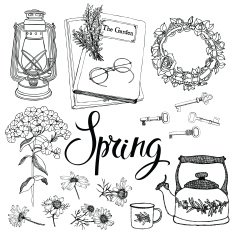 Vintage household objects and flowers spring theme Hand drawing calligraphy N2