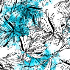 monochrome graphic flowers with watercolor - seamless pattern N2