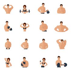 Bodybuilding fitness gym icons flat