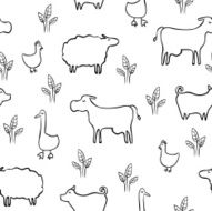 hand drawn doodle farm animals and birds childish seamless pattern