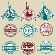 New York City Destination Landmarks grunge paper vector icon set