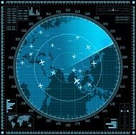 Blue radar screen with planes and world map N2