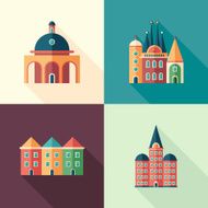 Set of colorful buildings flat square icons with long shadows N2