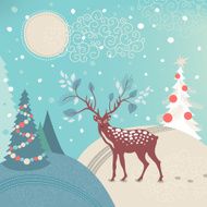 Deer in winter forest Christmas greeting card