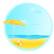 Round summer banner with umbrella and ball