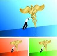 Business man pushing medical caduceus uphill